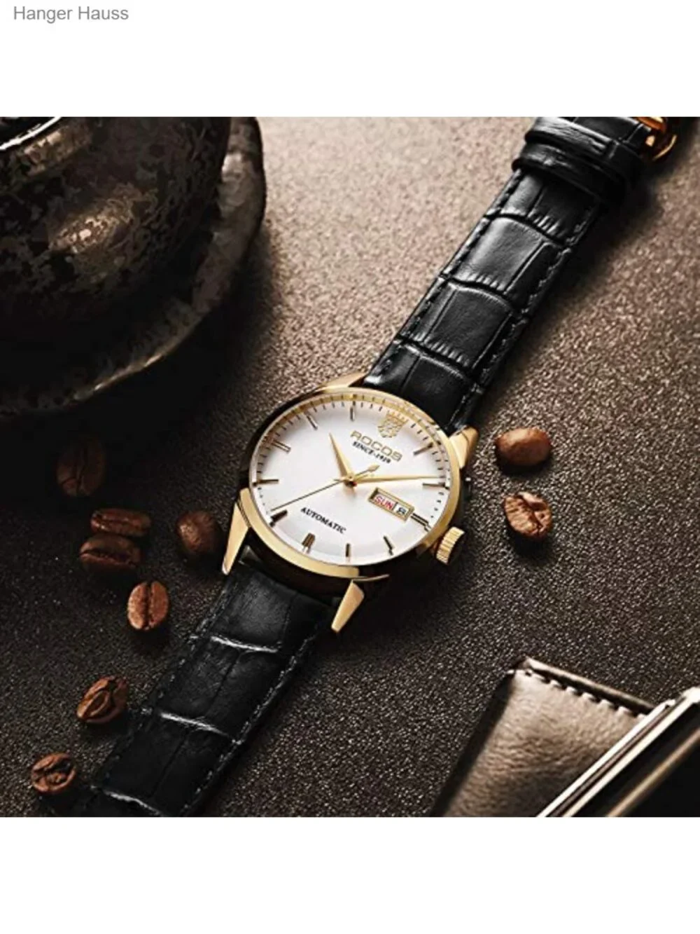 Men's Automatic Mechanical Watch Luxury Retro Day Date Genuine Leather Strap